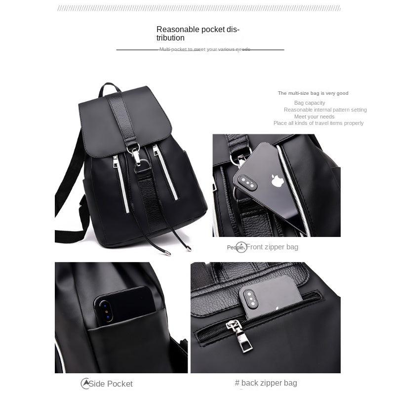 Women's Oxford Cloth Flap Backpack Zip School Bag Drawstring Daypack