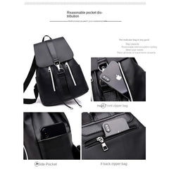 Women's Oxford Cloth Flap Backpack Zip School Bag Drawstring Daypack