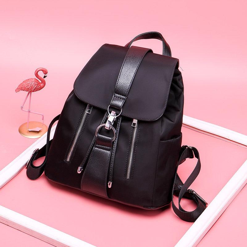 Women's Oxford Cloth Flap Backpack Zip School Bag Drawstring Daypack