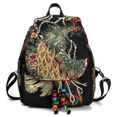 Peacock Embroidered Women's Backpack Canvas Travel Bag