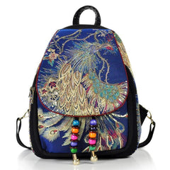 Peacock Embroidered Women's Backpack Canvas Travel Bag