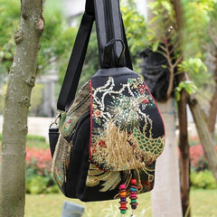 Peacock Embroidered Women's Backpack Canvas Travel Bag