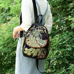 Peacock Embroidered Women's Backpack Canvas Travel Bag
