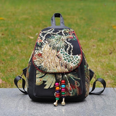 Peacock Embroidered Women's Backpack Canvas Travel Bag