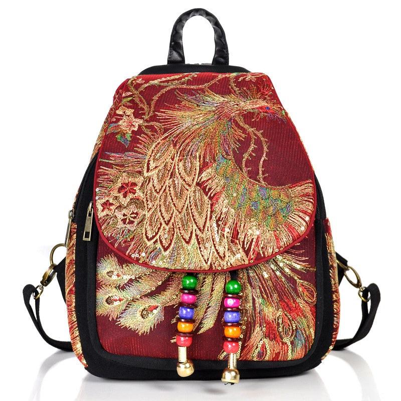 Peacock Embroidered Women's Backpack Canvas Travel Bag