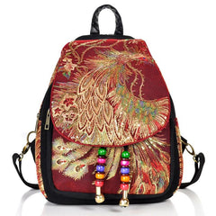 Peacock Embroidered Women's Backpack Canvas Travel Bag