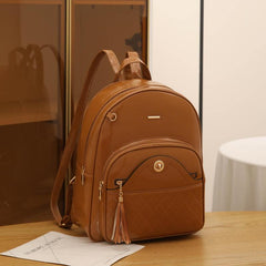 Plaid Tassel Large Capacity Backpack PU Leather School Travel Bag