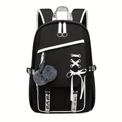 Colorblock Preppy Backpack with Rope & Pom Pom Decor