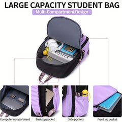 Colorblock Preppy Backpack with Rope & Pom Pom Decor