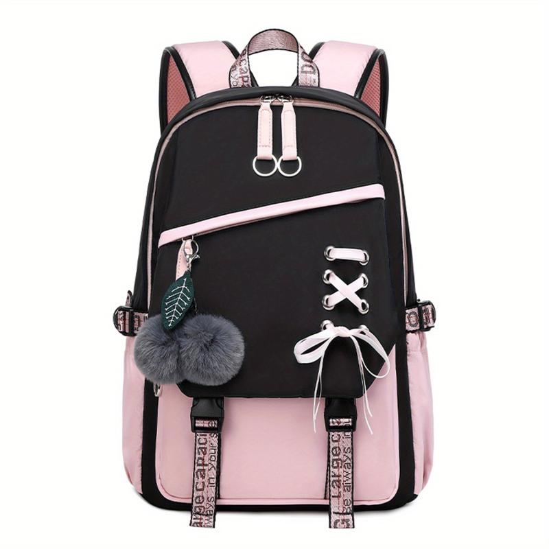 Colorblock Preppy Backpack with Rope & Pom Pom Decor