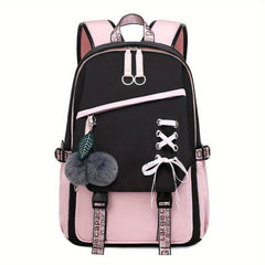 Colorblock Preppy Backpack with Rope & Pom Pom Decor