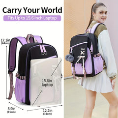 Colorblock Preppy Backpack with Rope & Pom Pom Decor