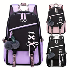 Colorblock Preppy Backpack with Rope & Pom Pom Decor