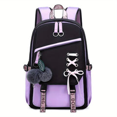Colorblock Preppy Backpack with Rope & Pom Pom Decor