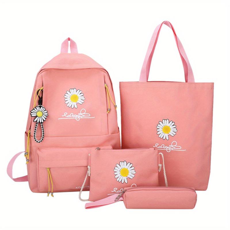 4PCS Floral Print Preppy Backpack Canvas School Bag Women's College Rucksack