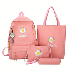 4PCS Floral Print Preppy Backpack Canvas School Bag Women's College Rucksack
