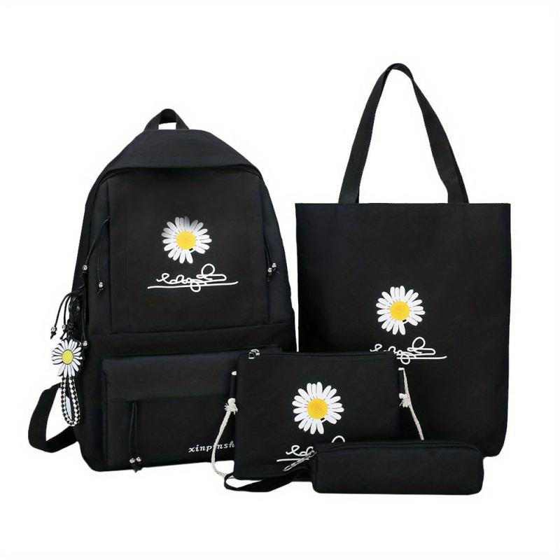 4PCS Floral Print Preppy Backpack Canvas School Bag Women's College Rucksack