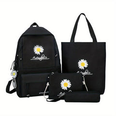 4PCS Floral Print Preppy Backpack Canvas School Bag Women's College Rucksack