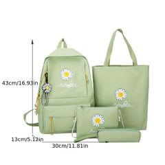 4PCS Floral Print Preppy Backpack Canvas School Bag Women's College Rucksack