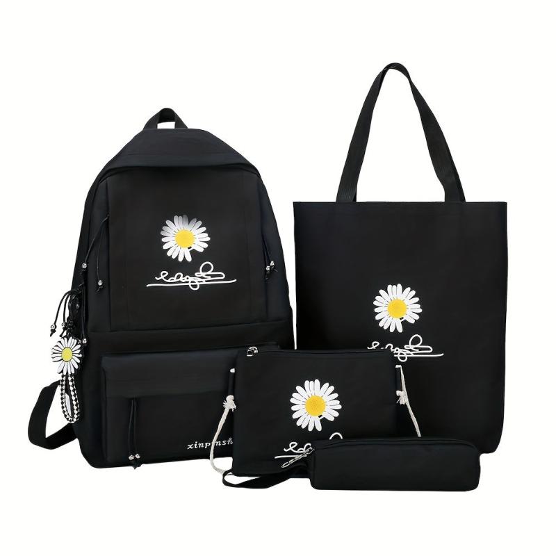 4PCS Floral Print Preppy Backpack Canvas School Bag Women's College Rucksack