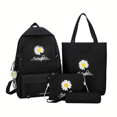 4PCS Floral Print Preppy Backpack Canvas School Bag Women's College Rucksack