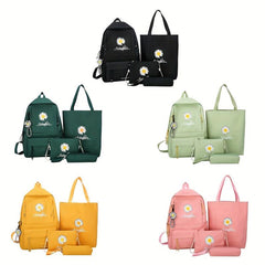 4PCS Floral Print Preppy Backpack Canvas School Bag Women's College Rucksack