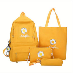 4PCS Floral Print Preppy Backpack Canvas School Bag Women's College Rucksack
