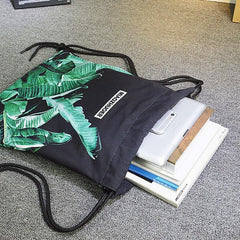 Large Capacity Banana Leaf Print Drawstring Backpack Lightweight Sports Bag