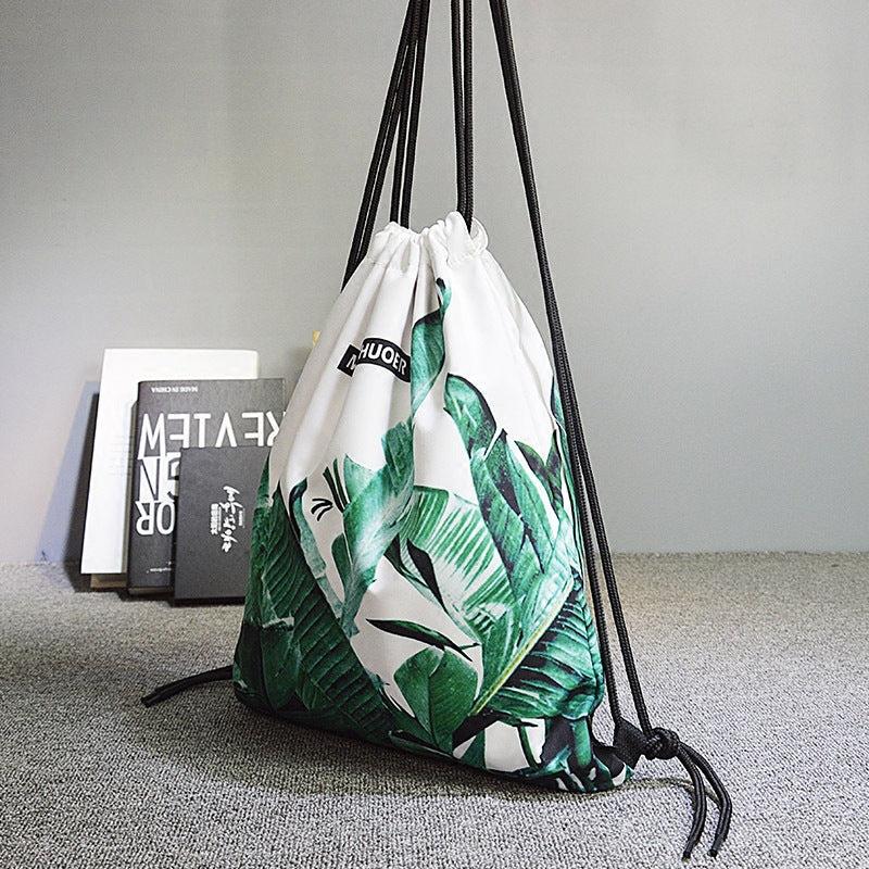 Large Capacity Banana Leaf Print Drawstring Backpack Lightweight Sports Bag