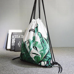 Large Capacity Banana Leaf Print Drawstring Backpack Lightweight Sports Bag