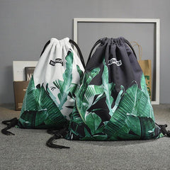 Large Capacity Banana Leaf Print Drawstring Backpack Lightweight Sports Bag