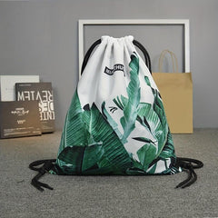 Large Capacity Banana Leaf Print Drawstring Backpack Lightweight Sports Bag