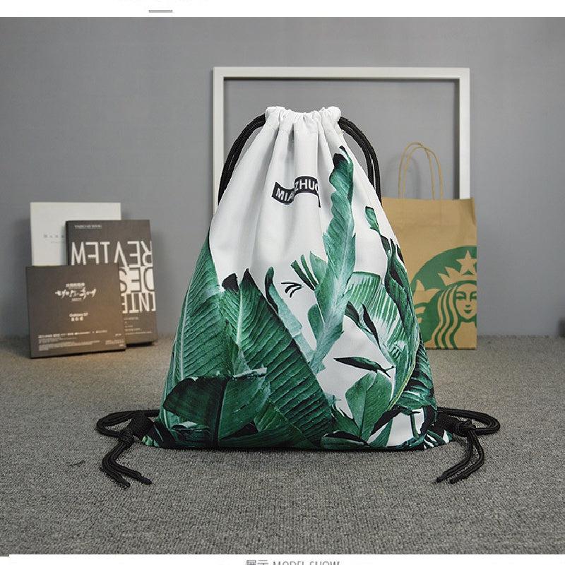 Large Capacity Banana Leaf Print Drawstring Backpack Lightweight Sports Bag