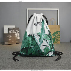 Large Capacity Banana Leaf Print Drawstring Backpack Lightweight Sports Bag