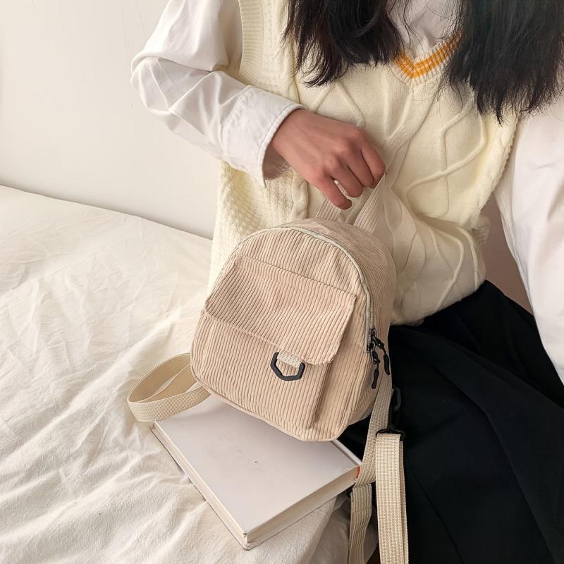 Corduroy Textured Small Backpack Solid Color