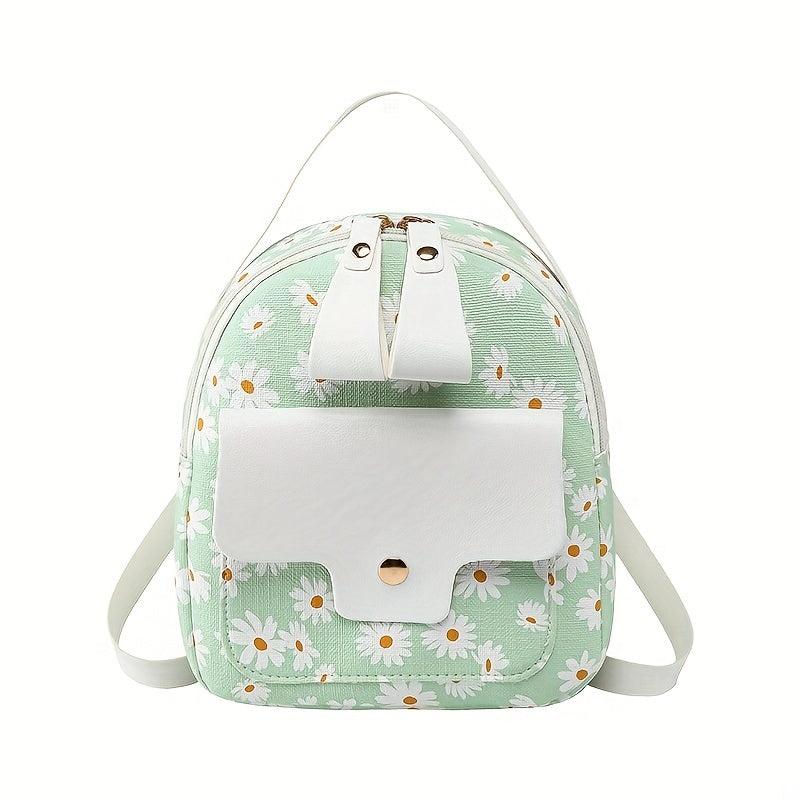 Daisy Print Backpack Faux Leather Daypack Convertible Crossbody Bag