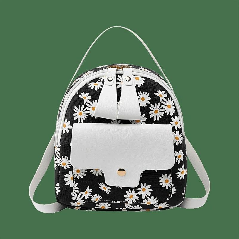 Daisy Print Backpack Faux Leather Daypack Convertible Crossbody Bag
