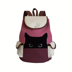 Cat Pattern Backpack Colorblock Rucksack With Side Pockets