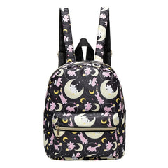 Cat & Moon Print Backpack Cartoon Pattern School Bag Small Outdoor Travel Bookba