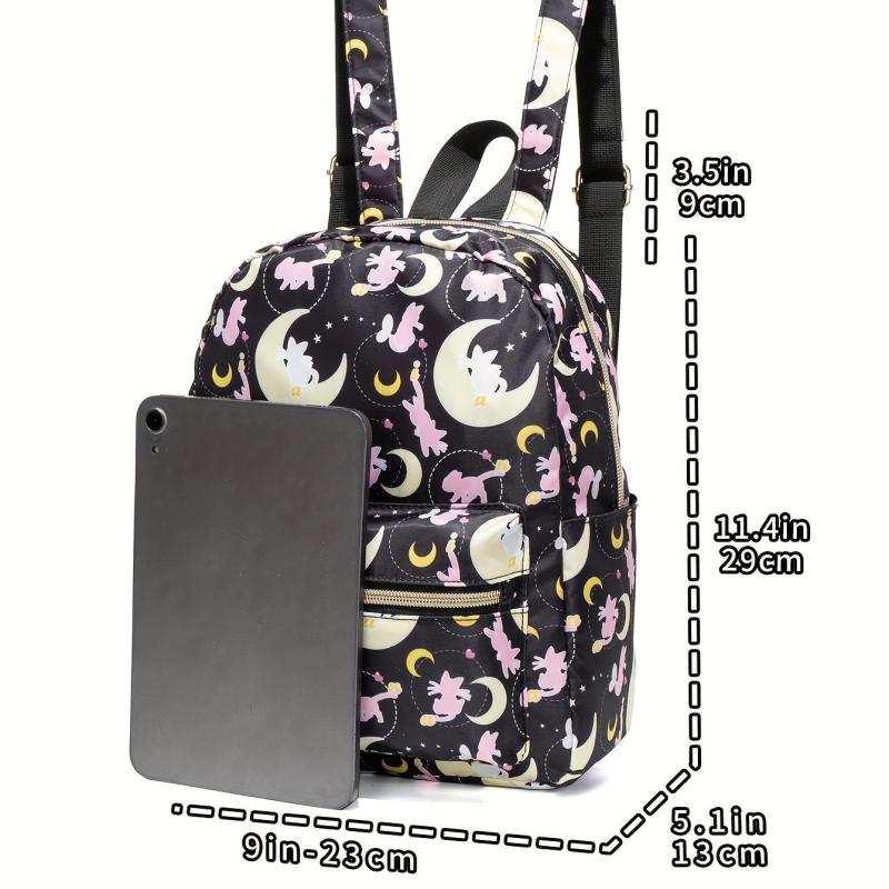 Cat & Moon Print Backpack Cartoon Pattern School Bag Small Outdoor Travel Bookba