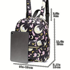 Cat & Moon Print Backpack Cartoon Pattern School Bag Small Outdoor Travel Bookba