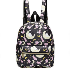 Cat & Moon Print Backpack Cartoon Pattern School Bag Small Outdoor Travel Bookba