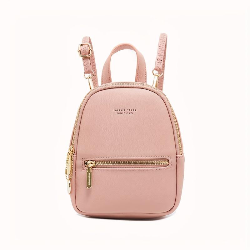Mini Vegan Leather Backpack Solid Daypack with Convertible Strap