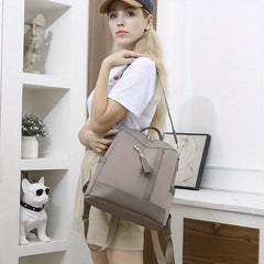 Solid Travel Daypack Casual Backpack Women's Classic Bag With Tassel