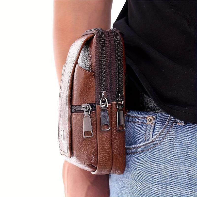 Men's Leather Waist Bag Fanny Pack Belt Clip Bag Brown Coffee