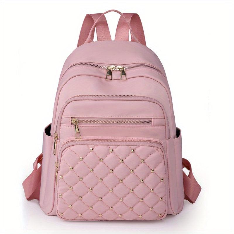 Studded Decor Backpack Women Argyle Quilted School Bag Nylon Travel Rucksack