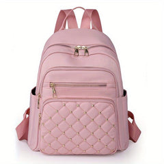 Studded Decor Backpack Women Argyle Quilted School Bag Nylon Travel Rucksack