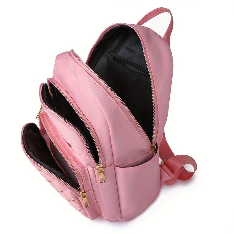 Studded Decor Backpack Women Argyle Quilted School Bag Nylon Travel Rucksack