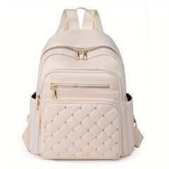 Studded Decor Backpack Women Argyle Quilted School Bag Nylon Travel Rucksack