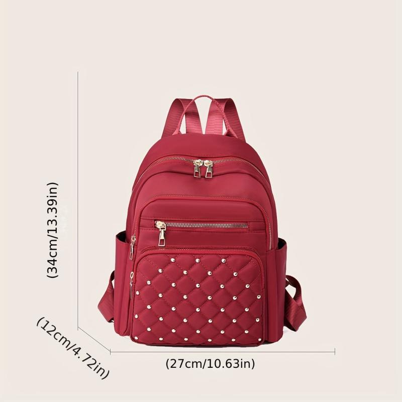 Studded Decor Backpack Women Argyle Quilted School Bag Nylon Travel Rucksack